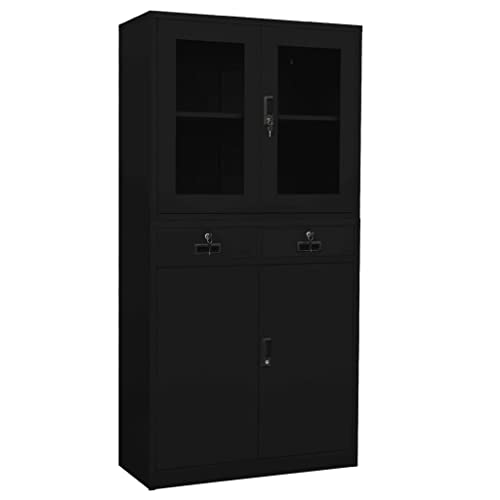 BIGBARLEY Tall Free Standing Storage Cabinet with Drawers and Glass Doors, Black Steel 35.4"x15.7"x70.9