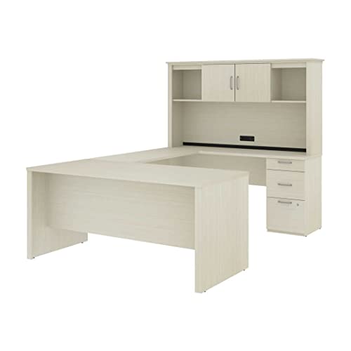Bestar Logan 66W U or L-Shaped Executive Office Desk with Pedestal and Hutch in White Chocolate