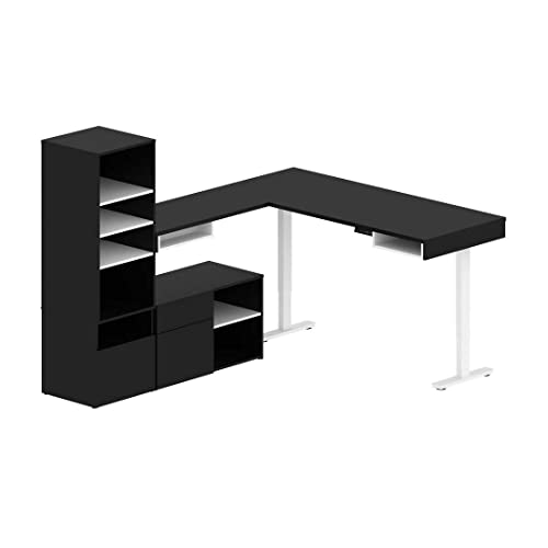 Bestar Viva L-Shaped Standing Desk with Credenza and Shelving Unit, 72W, Black