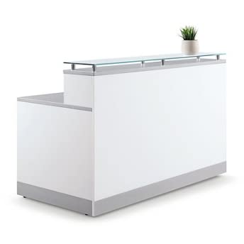 NBF Signature Series Esquire Reception Desk - Tempered Glass Top, White & Silver Laminate 63”W x 32”D