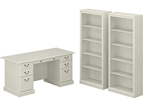 Bush Furniture Saratoga Executive Desk and Bookcase Set, Linen White Oak