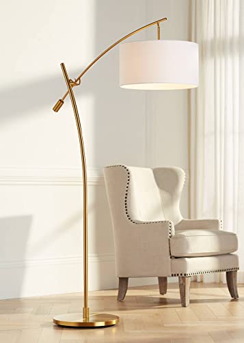 Possini Euro Design Raymond Modern Arc Floor Lamp 69" - Warm Gold Metal, Adjustable Boom Arm, White Linen Drum Shade - Living Room, Bedroom, Home Office Decor