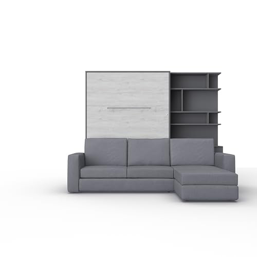 Maxima House Invento Vertical Wall Bed with Corner Sofa, Bookcase 55.1x78.7 inch (Slate Grey/White Monaco/Grey)