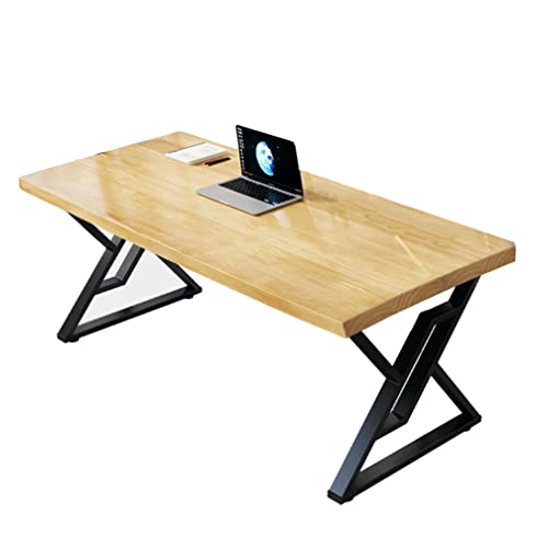 None Solid Wood Home Office Computer Desk, Natural Pine PC Workstation, Yellow, 300x120x75cm