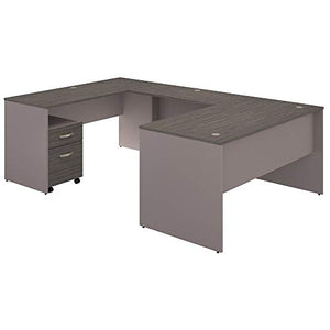 Bush Furniture Commerce 60W U Shaped Desk with Mobile File Cabinet in Cocoa and Pewter