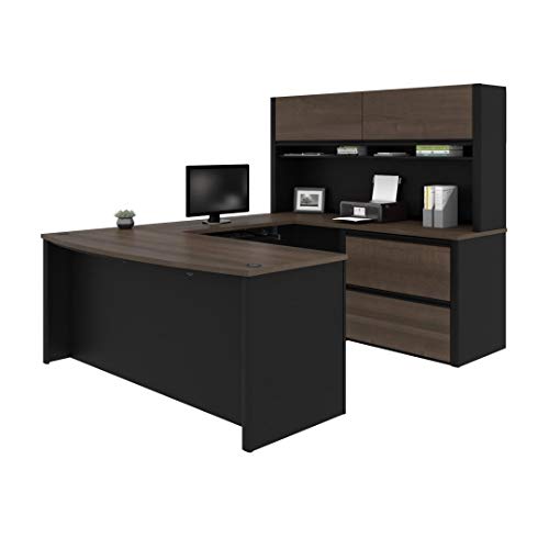 Bestar U-Shaped Executive Desk with Lateral File Cabinet and Hutch - 72W - Antigua & Black