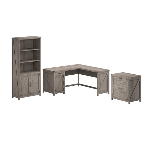 Bush Furniture Knoxville 60W L-Shaped Desk with File Cabinet and Bookcase Set