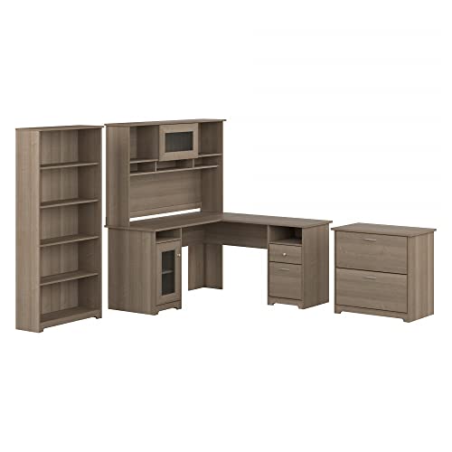 Bush Furniture Cabot Collection L Shaped Desk with Hutch, Bookcase, and File Cabinet | Corner Computer Table with Storage, Bookshelf, 60W, Ash Gray