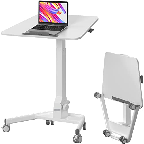 JYLH JOYSEEKER Foldable Mobile Standing Desk, 90° Tiltable, Height Adjustable Portable Laptop Desk on Wheels - White