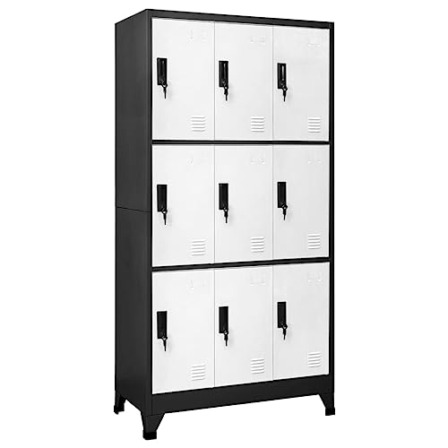 GOLINPEILO Metal Locker Storage Cabinet with 9 Lockable Doors, Anthracite and White Steel Organizer 35.4"x17.7"x70.9