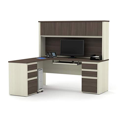 Bestar Prestige + Modern L-Shaped Office Desk with Two Pedestals and Hutch, 72W, White Chocolate & Antigua