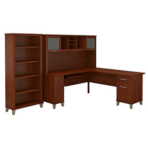 Bush Furniture Somerset 72W L Shaped Desk with Hutch and 5 Shelf Bookcase in Hansen Cherry
