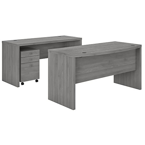 Bush Business Furniture Echo Bow Front Desk and Credenza Set with Mobile File Cabinet - 60W, Modern Gray