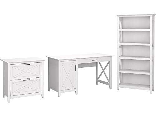 Bush Furniture Key West 54W Computer Desk with Lateral File Cabinet and Bookcase, Pure White Oak