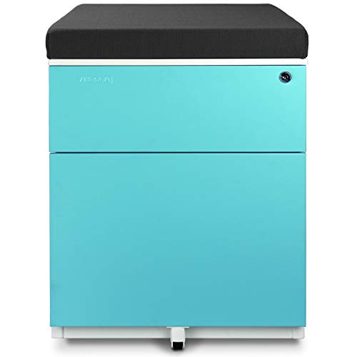 Aurora Mobile File Cabinet 2-Drawer Metal with Comfort Seat Cushion, Lock Key - White/Aqua Blue