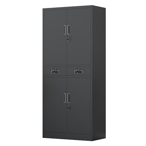 JINGUR Metal Storage Cabinet with Locking Doors, 2 Drawers & Adjustable Shelves (Black)