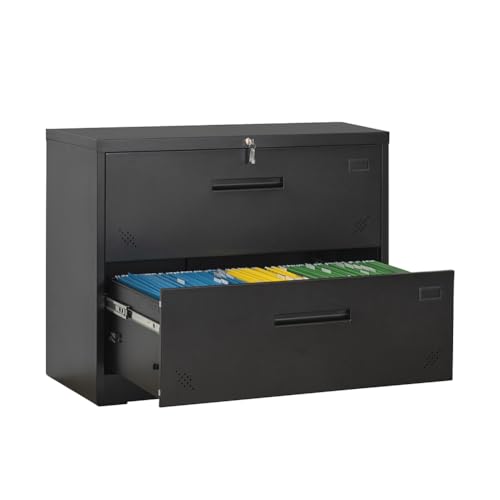 CuisinSmart Steel 2 Drawer Lateral File Cabinet with Lock, Rolling Metal File Cabinets - Black