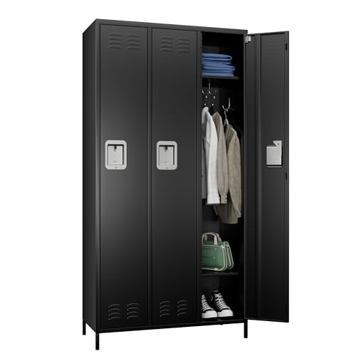METAN Metal Locker with 3 Doors and 2 Shelves, Black - Industrial Storage Cabinet