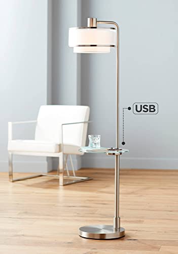 Possini Euro Design Modern Floor Lamp with Table 60" Tall Brushed Nickel White Linen Silver Organza Double Drum Shade - USB Charging Port