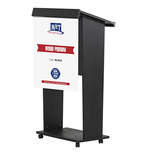 M&T Displays Black Plywood Floor-Standing Podium Lectern with Microphone Slot and Storage Shelf
