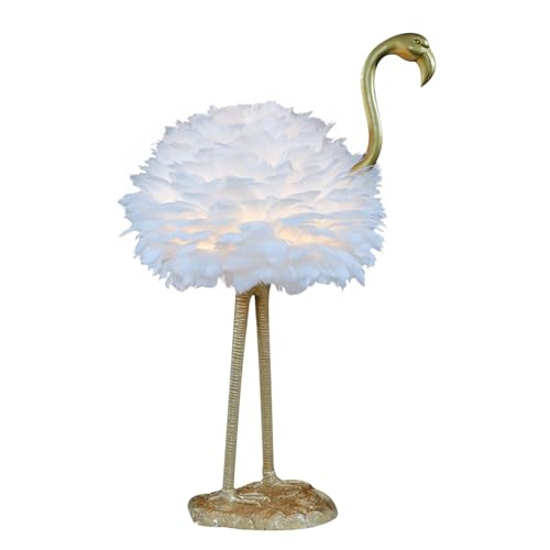 ExaRp Flamingo-shaped LED Desk Lamp with Feather Lampshade - Modern Resin + Goose Feather, 3 Colors, Remote Switch - Bedroom, Living Room, Balcony