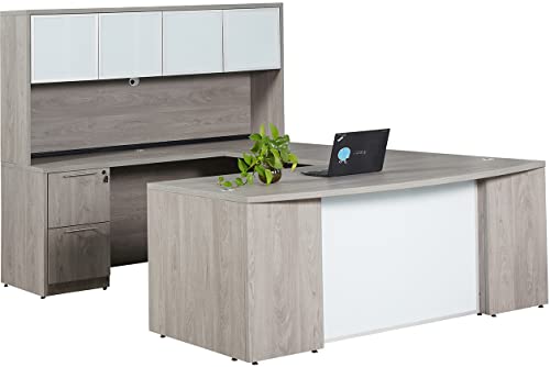 OFD Ultra Premium U-Shape Desk Set with Glass Doors - Grey Oak