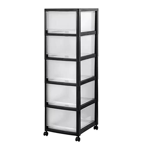 WAHHWF Tall Plastic Drawers Storage Cabinet Cart - Rolling Trolley with Clear Drawers and Wheels (Black, 5 Tier)