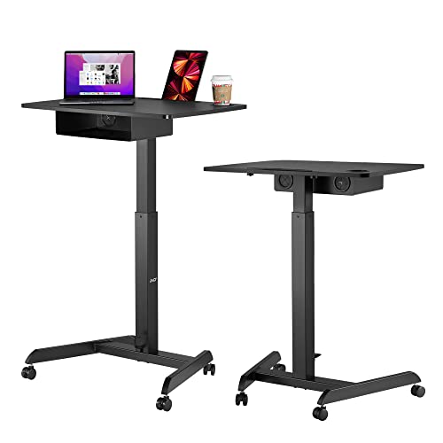 AVLT Height Adjustable Foot Pedal Rolling Desk with Shelf (44") - Pneumatic Laptop Standing Desk Cart - Black