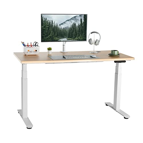 FinerCrafts Electric Sit Stand Desk 55 x 28 Inches Height Adjustable - Natural Maple Desktop/White Frame