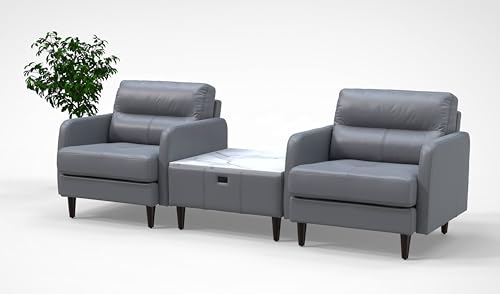 BREAKtime Waiting Reception Lounge Chairs Set with Charging Tables - Model 8128 3pc, Graphite Gray Leather