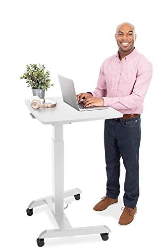 Stand Steady Mobile Podium Desk | Pneumatic Height Adjustment | Tilting Desktop | Rolling Laptop Stand | White