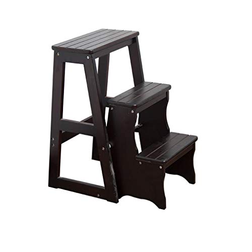 FLYIFE Three-Step Solid Wood Step Stool Ladder - Black, 36 x 56 x 64cm