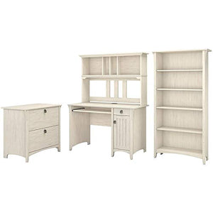 Bush Furniture Salinas Mission Desk with Hutch, Lateral File Cabinet and 5 Shelf Bookcase in Antique White