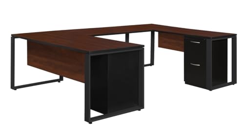 212 Main Structure Double Metal Pedestal U-Desk with Bridge - Cherry & Black