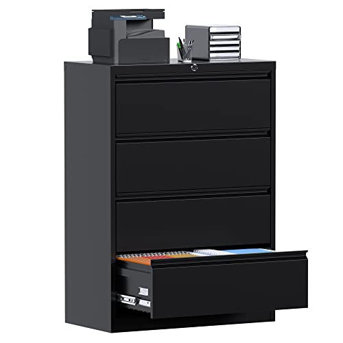 Aobabo Metal Lateral File Cabinet with Lock, Large Drawer, 35.43" Wide, Black, 4 Drawer
