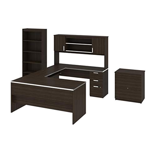 Bestar Ridgeley Executive Computer Desk with Hutch, Lateral File Cabinet, and Bookcase - Dark Chocolate