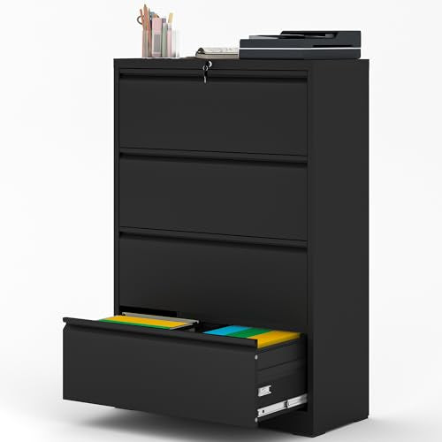 AQY 4 Drawer Lateral File Cabinet with Lock, Steel Wide File Cabinets - Black