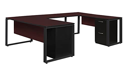 212 Main Structure Double Metal Pedestal U-Desk with Bridge - Mahogany & Black, 66 x 30 in.
