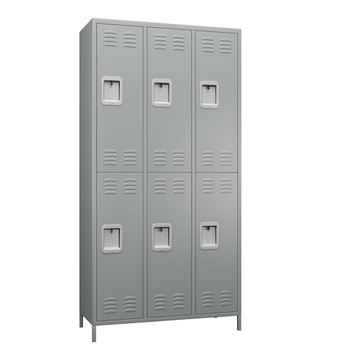 SUXXAN 6 Doors Metal Locker Combination with 12 Hooks, Double Tier Storage Locker W35.43*D15.7*H72 (Light Grey)