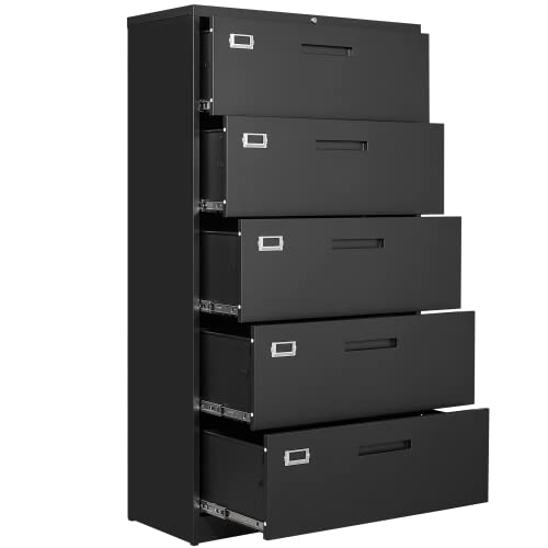 BYNSOE 5 Drawers Lateral File Cabinet with Lock - Steel Filing Storage Cabinet for Office/Home - A4 Legal/Letter Size - Assembly Required