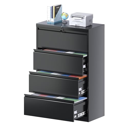 METAN Lateral 4 Drawer File Cabinet, Locking Steel, Black