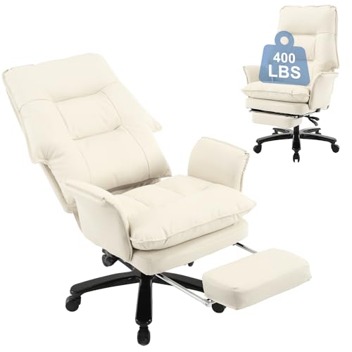REFICCER Big and Tall Office Chair 400lbs with Foot Rest, Leather High Back Executive Desk Chair for Heavy People - Beige