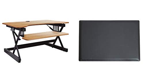 Rocelco Height Adjustable Standing Desk Converter Bundle with Anti Fatigue Mat - Teak Wood Grain
