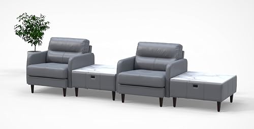 BREAKtime 2 Person Reception Lounge Chairs Set with Charging Tables - Graphite Gray Leather Model 8133