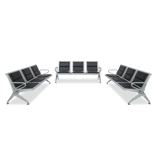 Kinfant 3-Seat Metal Waiting Room Chair Set with Armrests, PU Leather - Black (Set of 3)