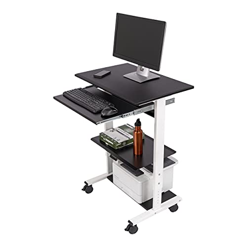S Stand Up Desk Store Mobile Rolling Adjustable Height Standing Workstation with Printer Shelf and Keyboard Tray (White Frame/Black Top, 30" Wide)