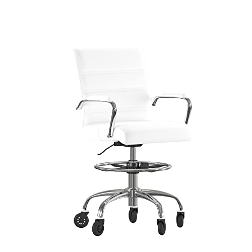 Flash Furniture Lexi Mid-Back Drafting Chair with Adjustable Foot Ring - White LeatherSoft Upholstery