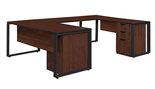 212 Main Structure Double Metal Pedestal U-Desk with Bridge - Cherry & Black
