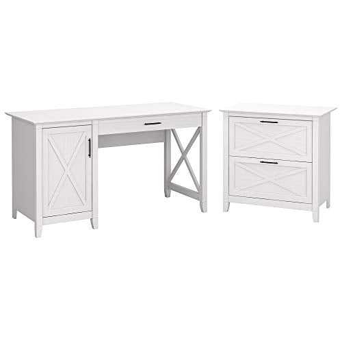 Bush Furniture Key West Computer Desk with Storage and 2 Drawer Lateral File Cabinet, 54W, Pure White Oak