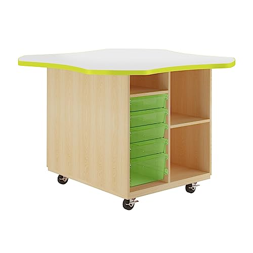 Diversified Woodcrafts Mobile Collaboration School Workstation, 60"x60"x30", Wave Design, Open Storage, Erasable Top, Lime Edge, Solid Oak